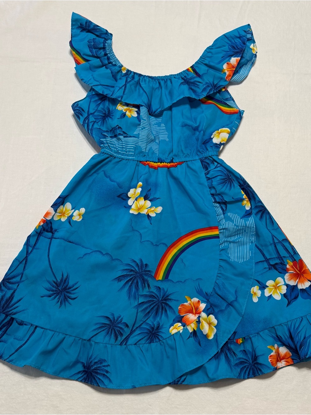 Vintage Helena Blue Tropical Dress with Rainbow and Floral Print